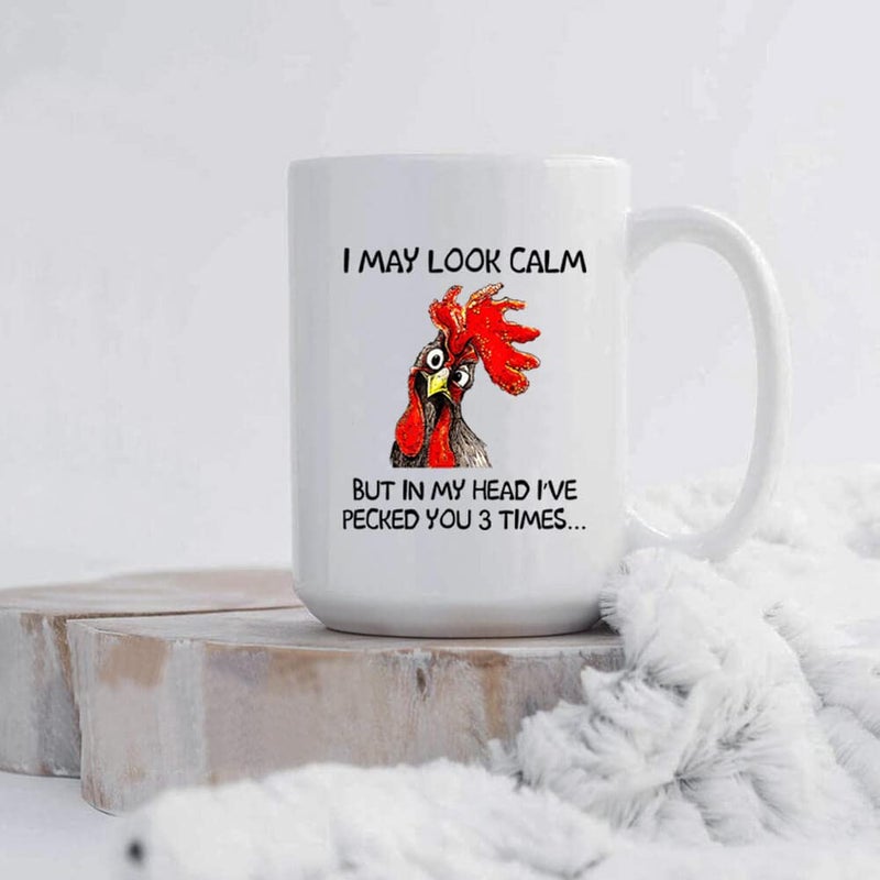 senooe Funny Rooster Coffee Mug - I May Look Calm But In My Head I've Pecked You 3 Times, Funny Gifts for Mom, Dad, Grandparents, Friends, Relatives, Besties, Sisters, Boss, Colleague, etc (15 Ounces) - Image 2